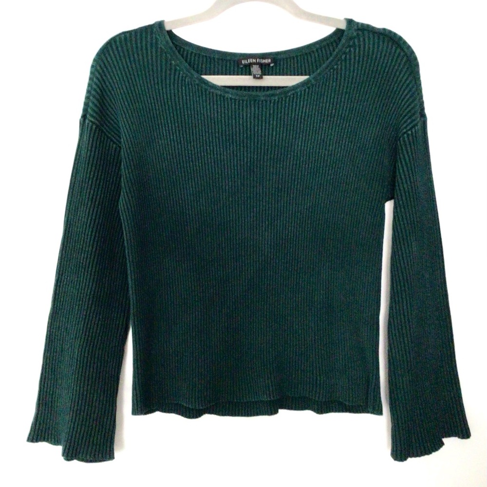 EILEEN FISHER Dark Green Ribbed Knit Distressed Sweater - XS-S